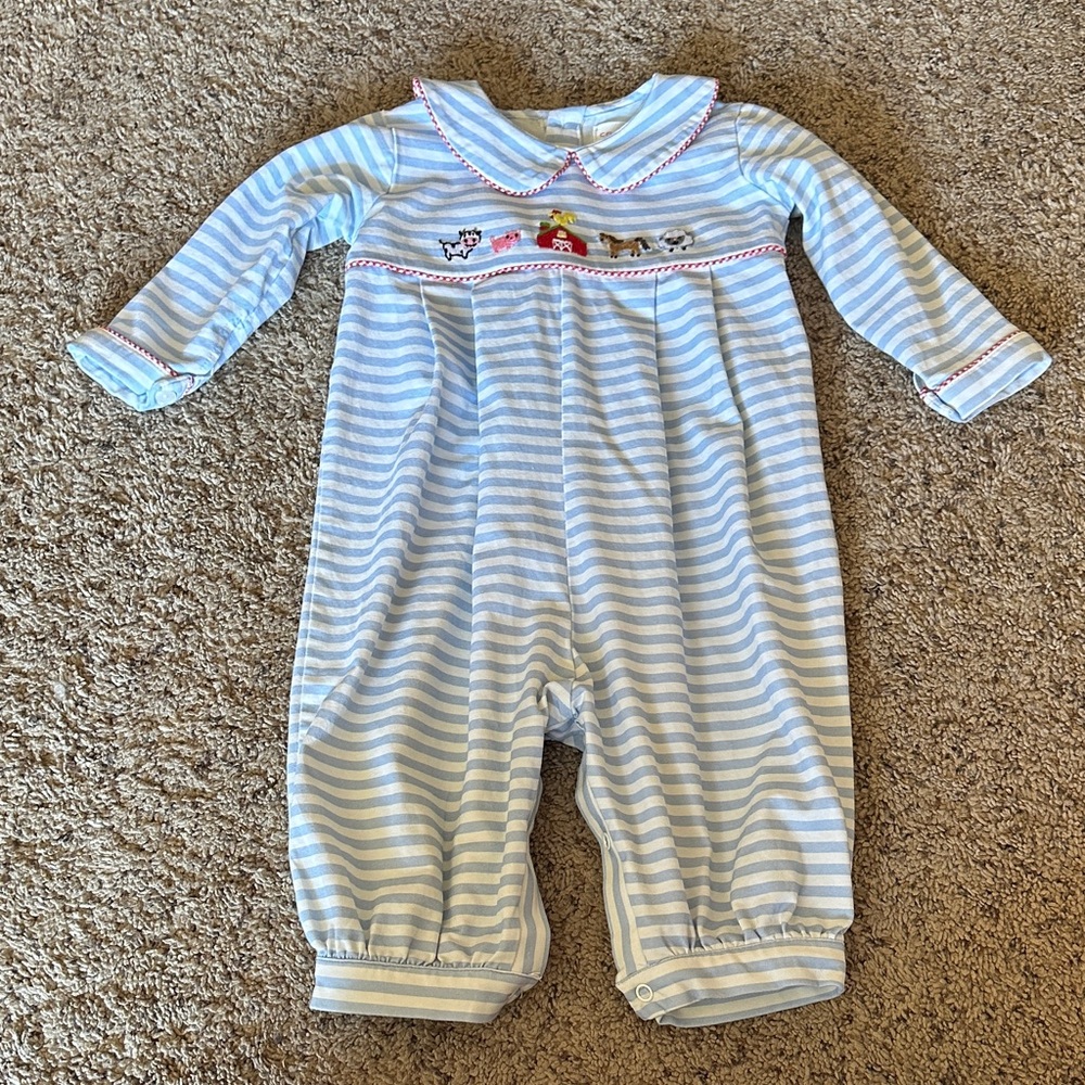 Cecil and Lou Striped Blue & White Smocked Farm Animal Infant One-Piece Bubble